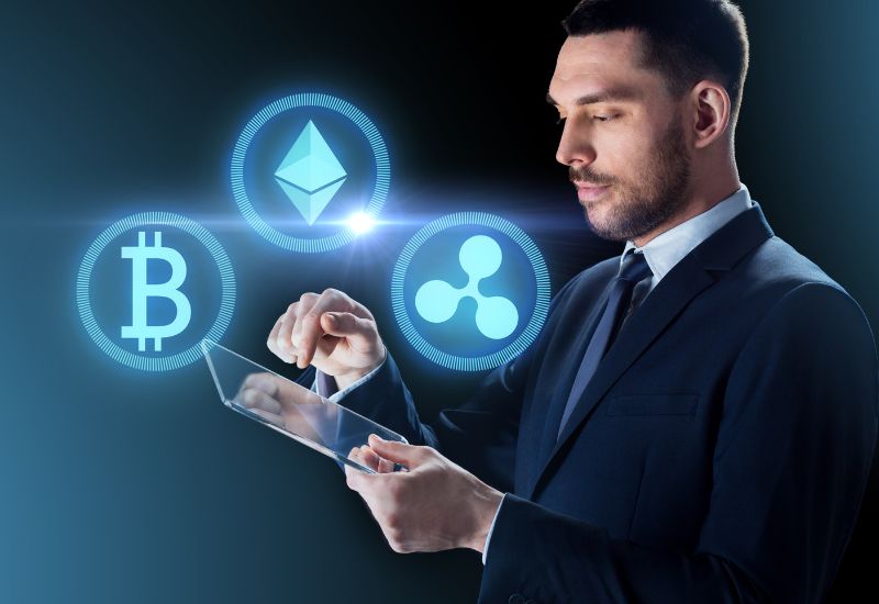 Business Man Touching Display and crypto coins symbols