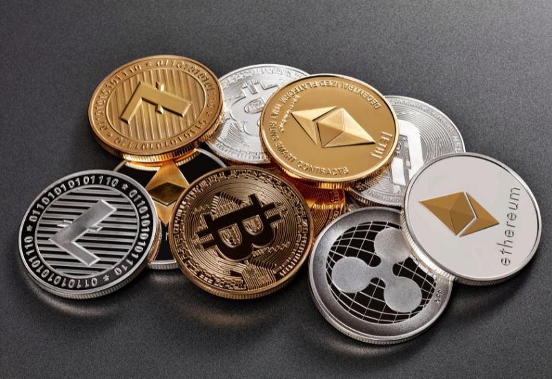 Crypto Coins above gray background